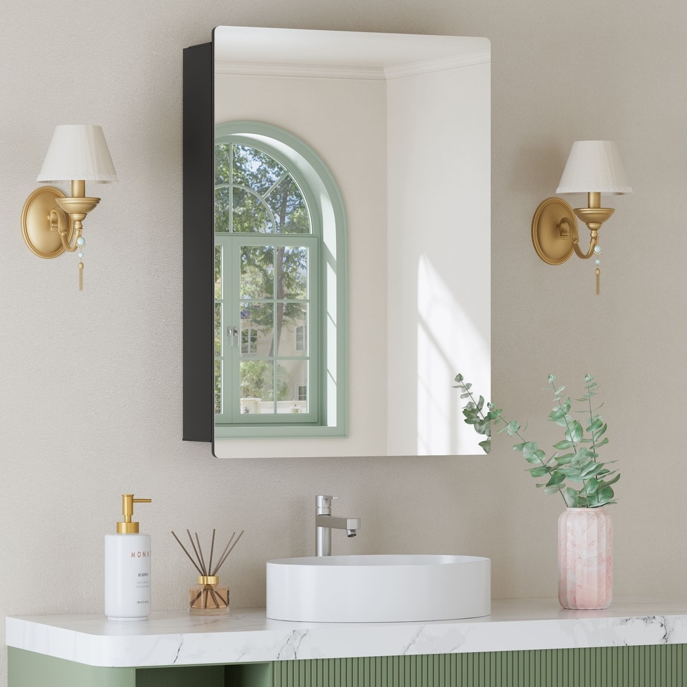 Mira Rectangular Frameless Medicine Cabinet with Mirror, Sliding Adjustable Glass Shelves, Reversible Door