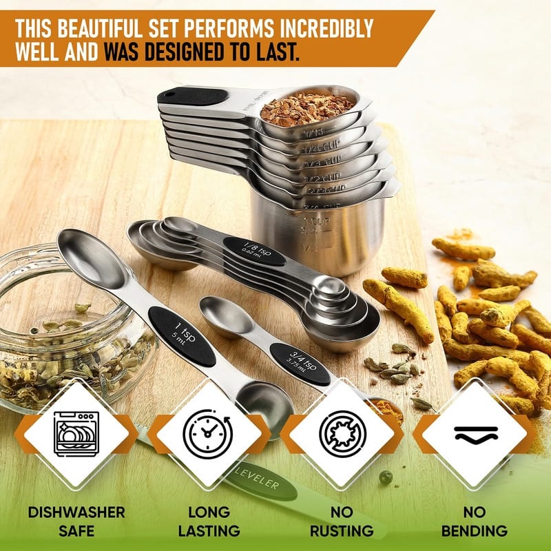 Magnetic Measuring Cups & Spoons Set, Strong Magnets, Set of 15 - Set of 15