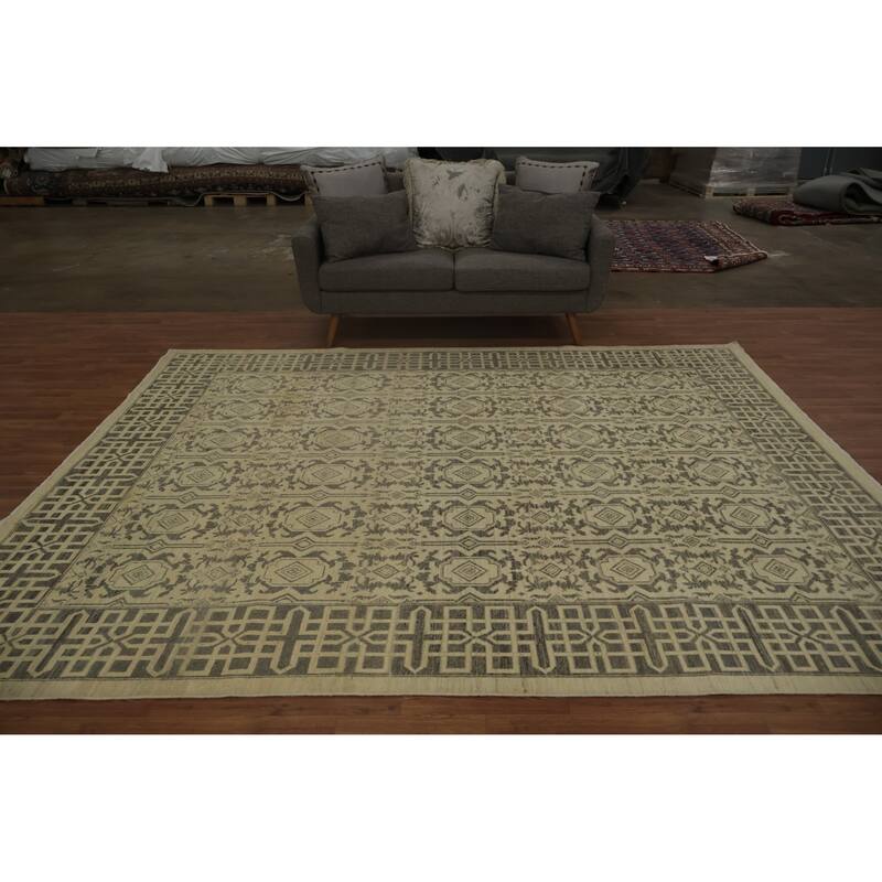 Hand Knotted Oriental 100% Wool Carpet Traditional Geometric Beige & Ivories Peshawar Area Rug - 10' 0'' X 8' 1''