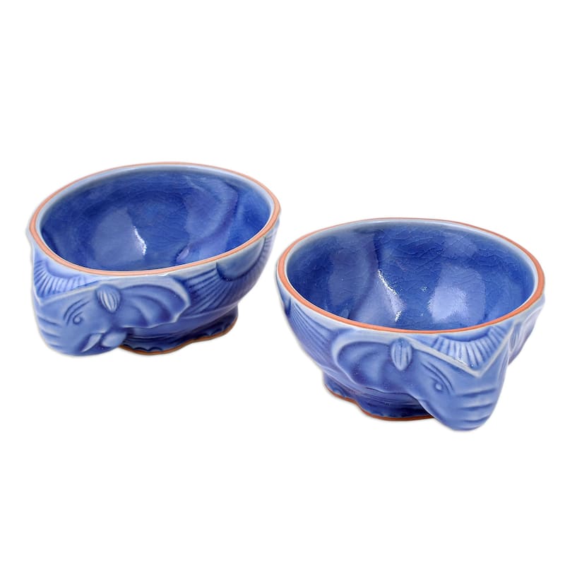 Novica Handmade Elephant Companion In Blue Celadon Ceramic Bowls (Pair)