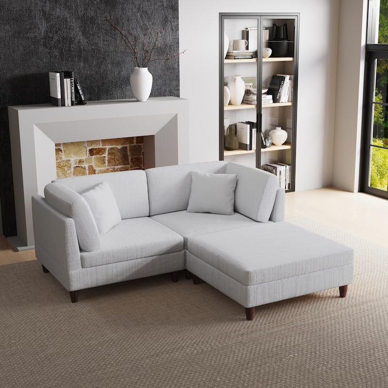 Corduroy Modular Sectional Sofa Set With Ottoman - 3 Pieces/Sea Salt Grey - Symmetrical