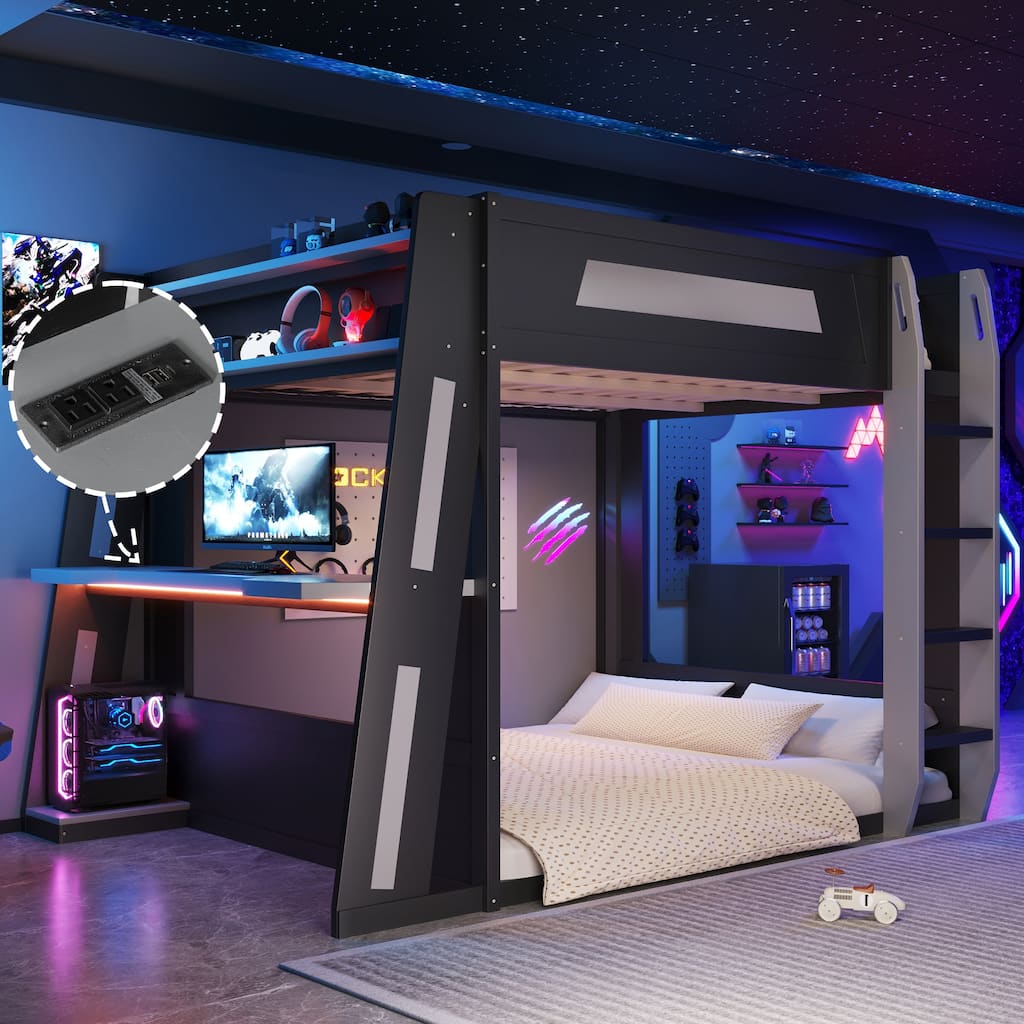 GDFStudio - GameCore Modern Wooden Queen Gaming Bunk Bed with Desk, USB and LED Lighting