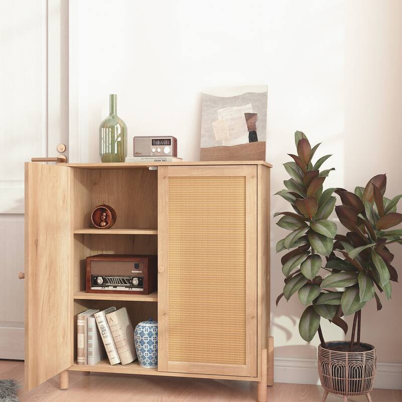 Mid Century Rattan Storage Cabinet,Adjustable Shelves for Living Room
