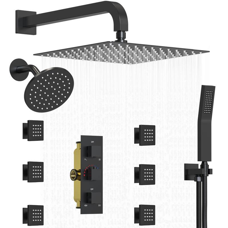 Thermostatic Dual Shower System 12" and 6" Rainfall Shower Head with 6 Body Jets & Handheld Shower - 12" x 6" - Matte Black