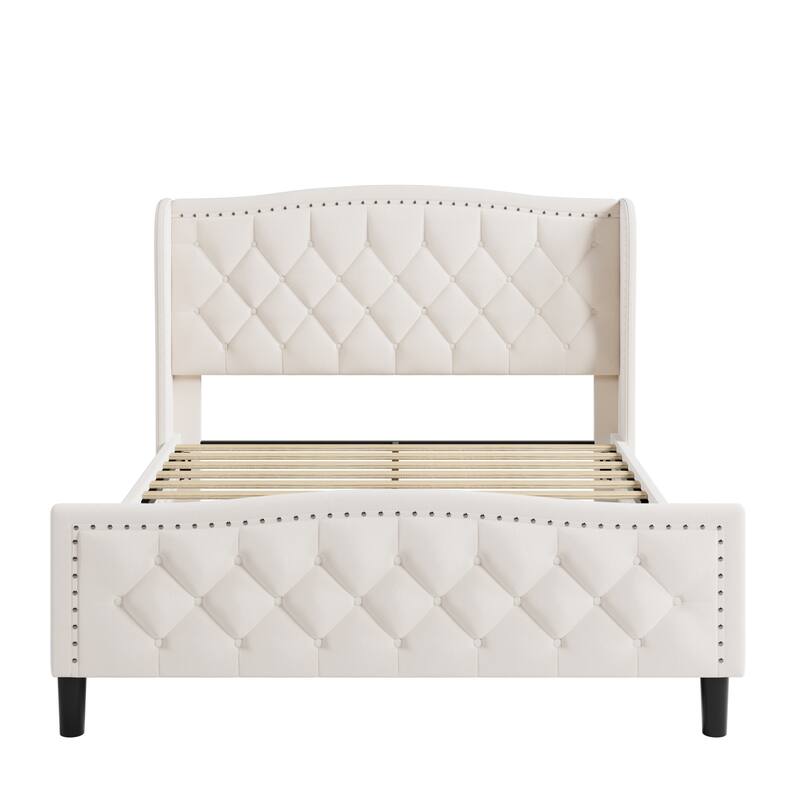 Modern Upholstered Queen Size Platform Bed with Wingback Headboard, Velvet Frame, Wood Slat Support, Easy Assembly