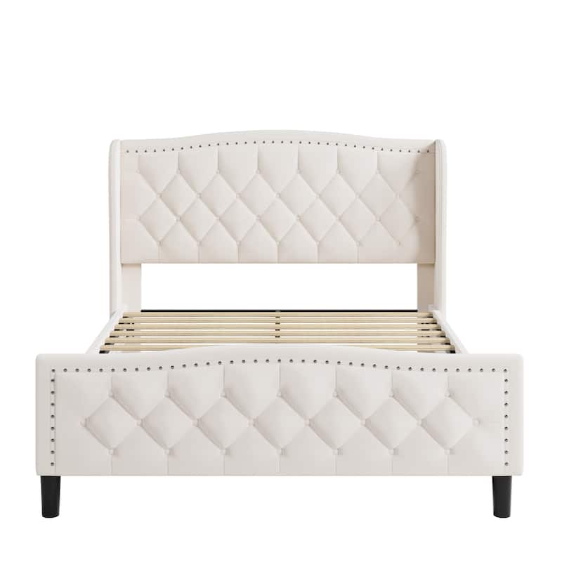 Queen Size Modern Velvet Platform Bed with Wingback Headboard & Wooden Slats