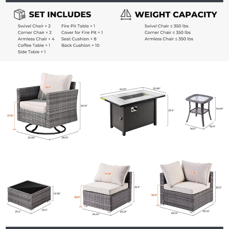 XIZZI 11-piece Patio Furniture Sofa Seating Set with Fire Pit