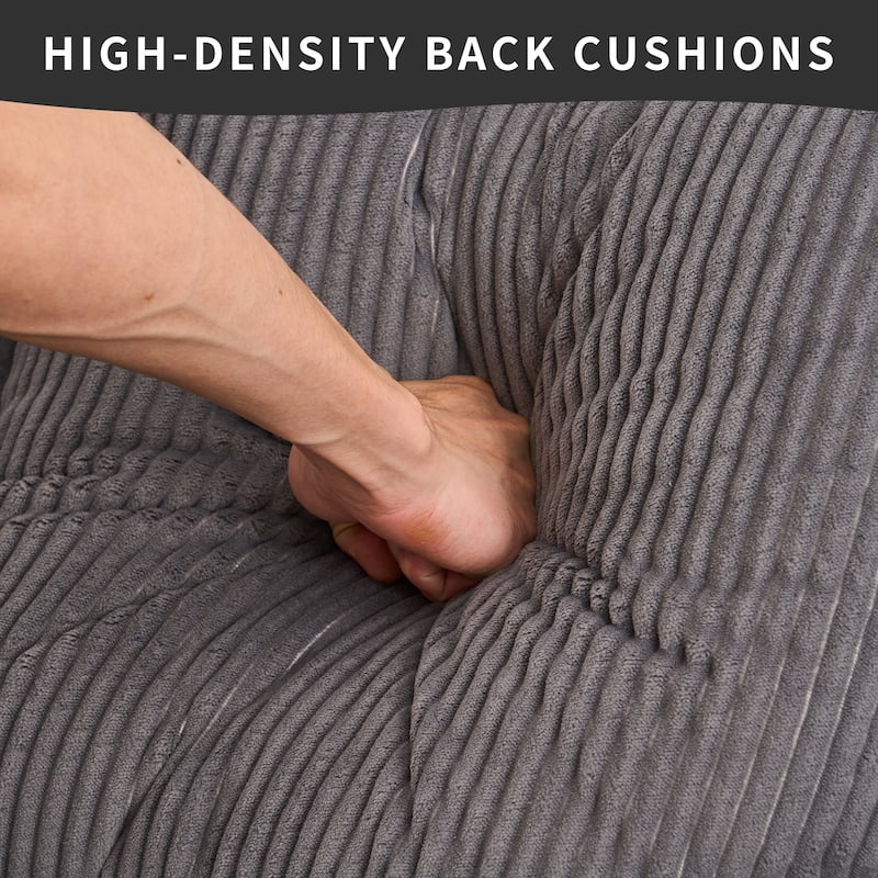 Grey Compression Sofa: Chaise Longue with 3 - Seater, Corduroy Fabric, Full Sponge, 4 Pillows