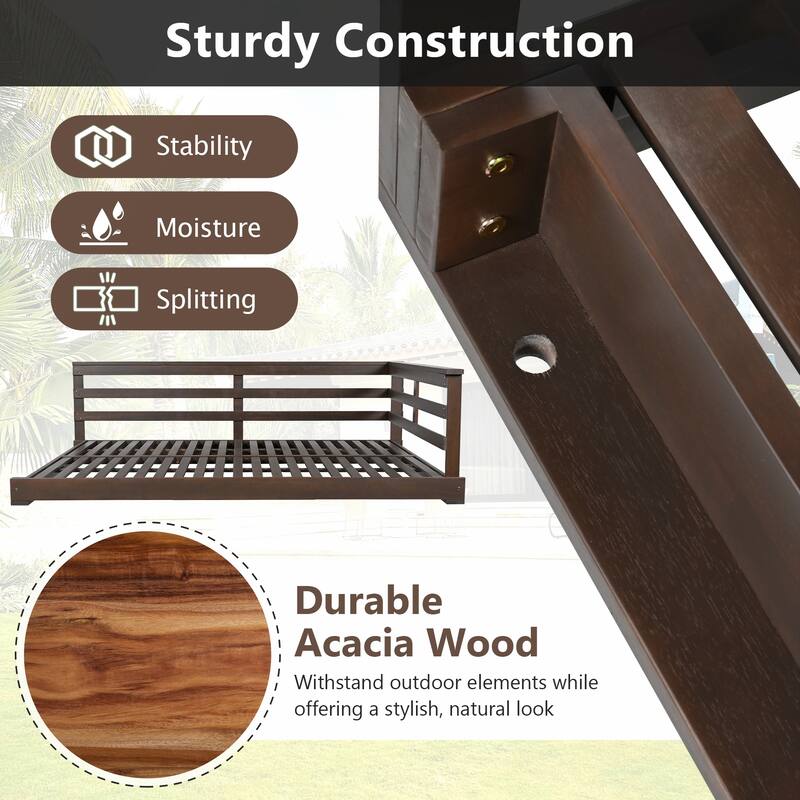 Durable Acacia Wood Porch Swing Bed with Hemp Ropes for Patio and Garden