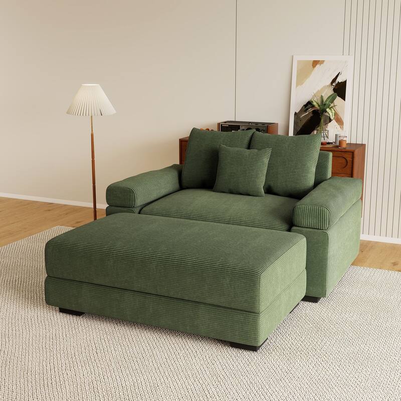 Rossetta Modern 54.3" Oversized Soft Cloud Corduroy Upholstery Extra-Thick Armrests Couch with Throw Pillows, 1 Movable Ottoman