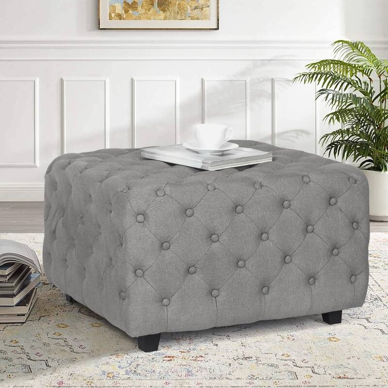 Adeco Linen Fabric Standard Ottoman Bench Square Cube Foot Rest Stool