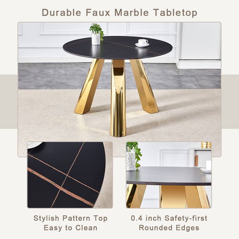 A 42-Inch Round Black Dining Table With A Granite Top And Stainless Steel Legs, Paired With Four Pu Material Dining Chairs