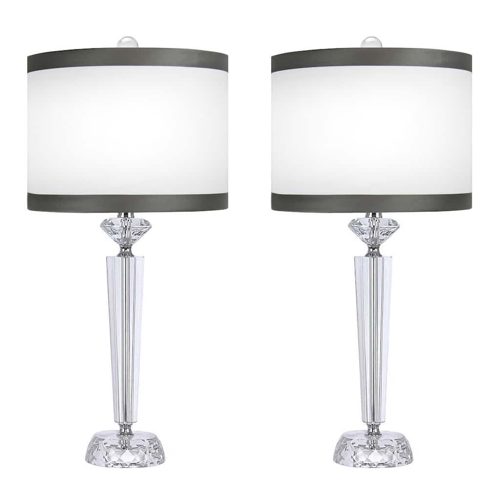 Diamond Torch 25.75" Crystal Table Lamp Set Polished Nickel & Off-White w/ Dark Grey Trim Shades