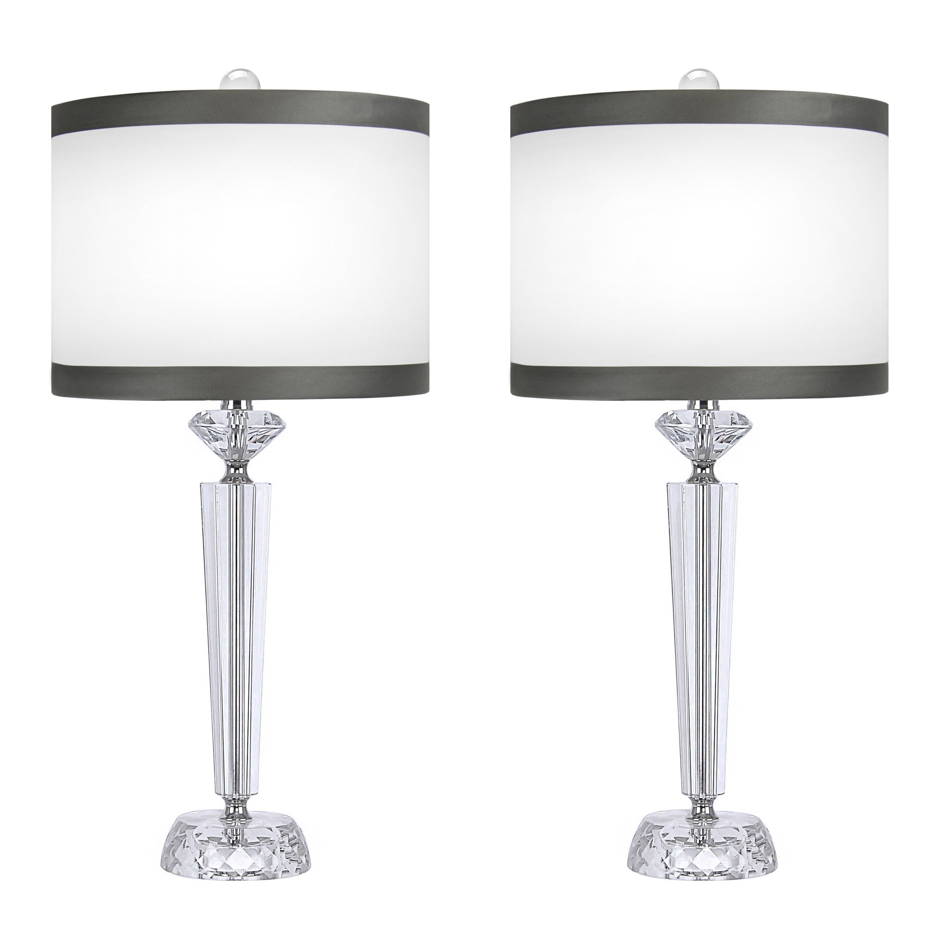 Diamond Torch 25.75" Crystal Table Lamp Set Polished Nickel & Off-White w/ Dark Grey Trim Shades