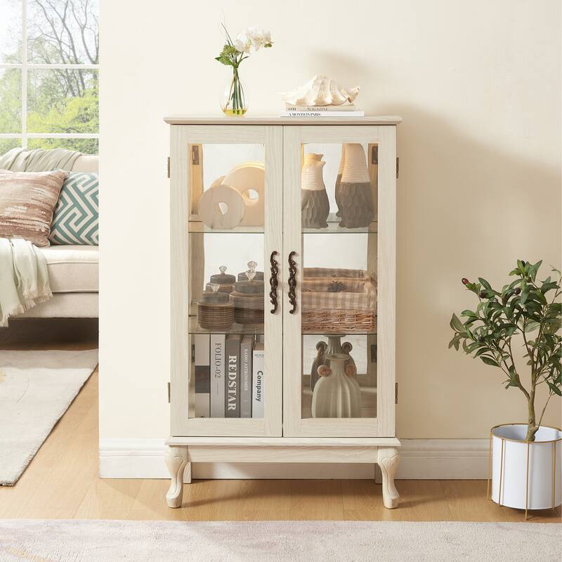 Lighted Display Cabinet with 2 Tempered Glass Doors and Adjustable Shelves