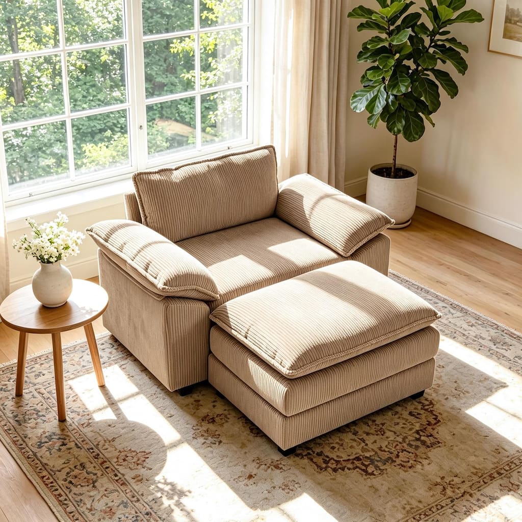 Corduroy Accent Chair With Ottoman, Upholstered Armchair Set