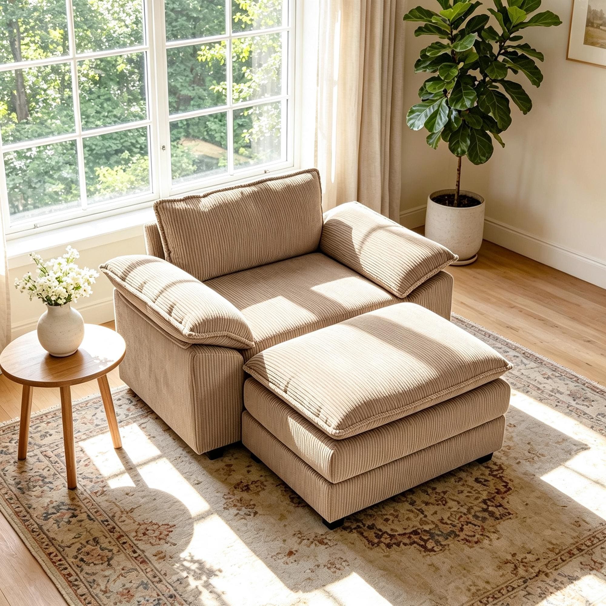 Corduroy Accent Chair With Ottoman, Upholstered Armchair Set