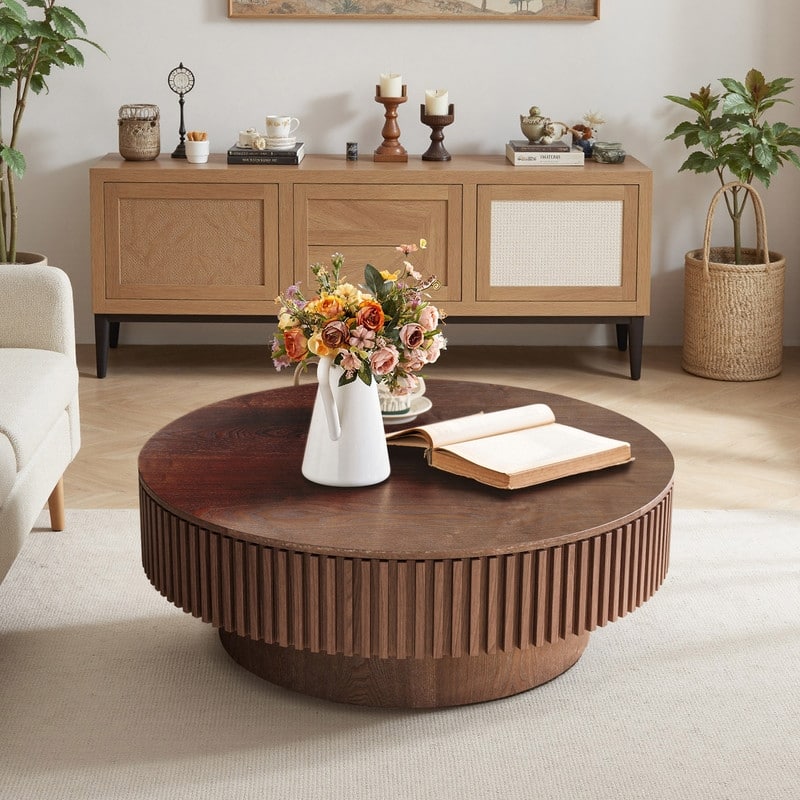39.37" Round Coffee Table with Storage Solid Wood Veneered Modern Accent Table for Living Room or Bedroom