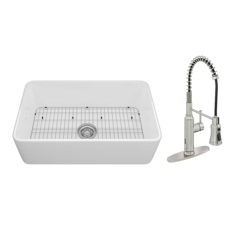All-in-One Kit Fireclay Single Bowl Farmhouse/Apron-Front Kitchen Sink with Pull Down Sprayer Kitchen Faucet and Accessories