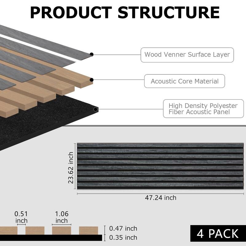 47" x 23" 3D Wood Slat Acoustic Wall Panels for Wall and Ceiling Decor, 4 Pcs - 47.24 inches D × 23.62 inches W × 0.82 inches H