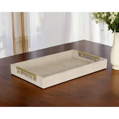 HomeRoots 16" Cream Wood and Vinyl Faux Shagreen Serving Tray With Gold Handles