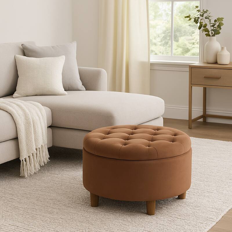 Jo 28 Inch Round Spice Brown Velvet Storage Ottoman with Tufted Lift Top