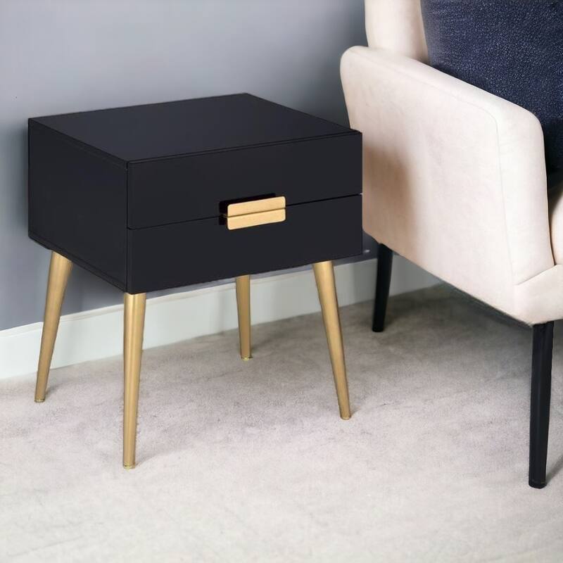 24" Modern Black and Gold Two Drawer End Table with Iron Legs and MDF Wood Top for Living Room - 20" L x 16" W x 24" H