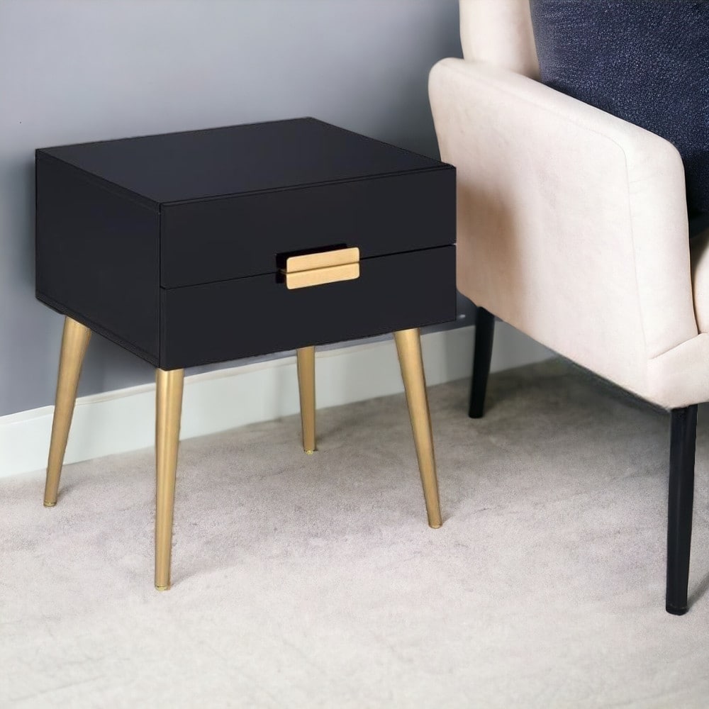 HomeRoots 24" Black And Gold Wood And Iron End Table With Two Drawers