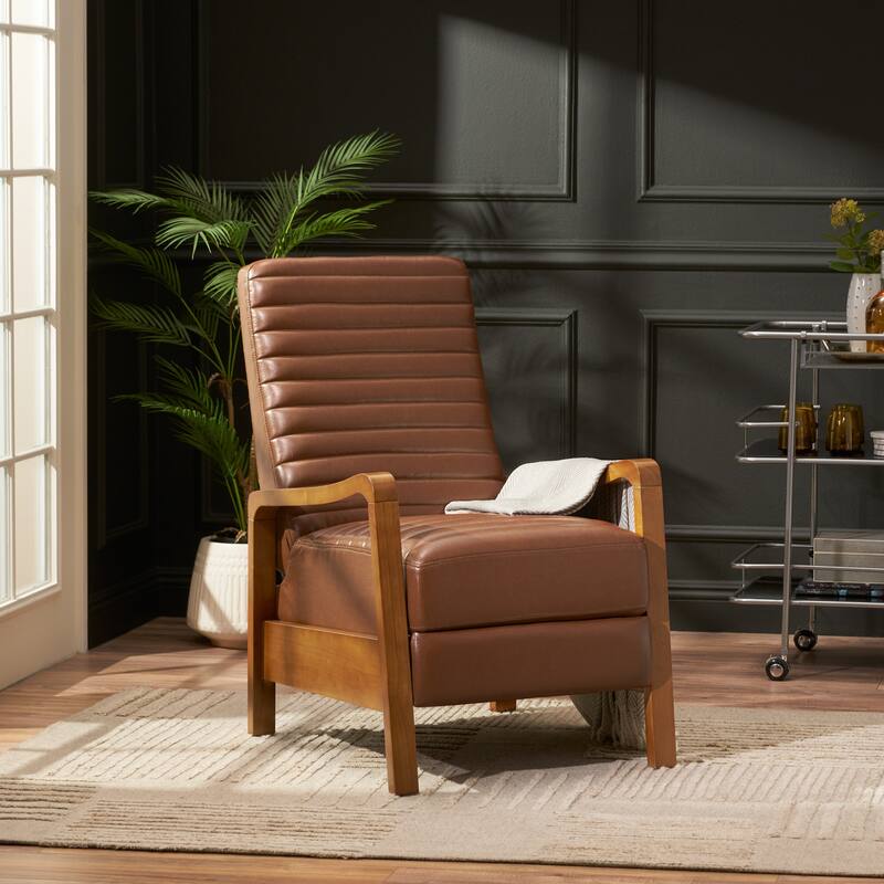Small Wood Frame Recliner Club Chair with Retractable Footrest Living Room Lounge Armchair Upholstered Reading Chair for Bedroom