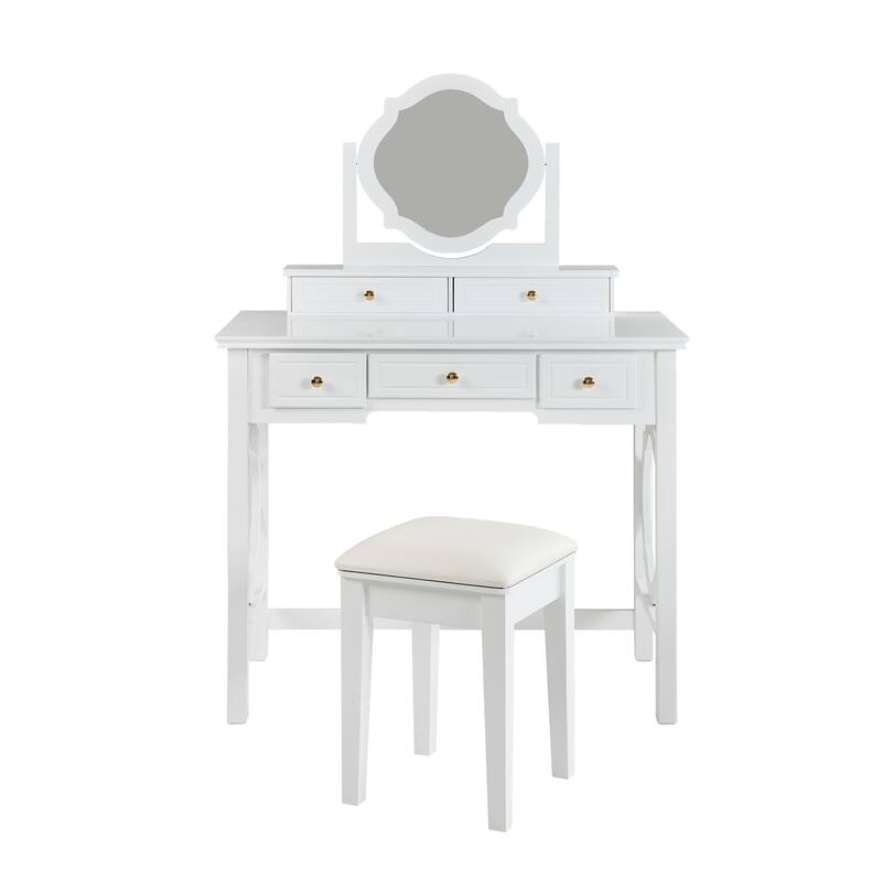 2-Piece Makeup Vanity Desk Set with PU Upholstered Stool, 5 Drawers Vanity Table Dressing Table with Swivel Vanity Mirror, White