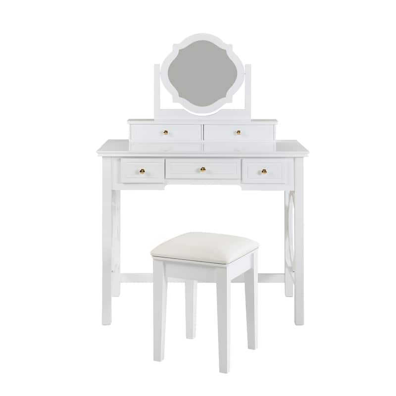 Vanity Desk with Reversible Mirror & Stool, Small Dressing Table Set, Compact Makeup Vanity Table with 5 Drawers