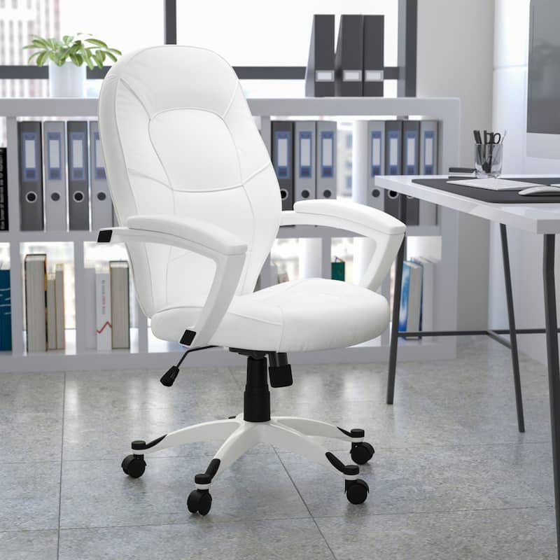 Mid-Back White LeatherSoft Tapered Back Executive Swivel Office Chair with Arms - 27.25"D x 27.25"W x 42" - 44.25"H