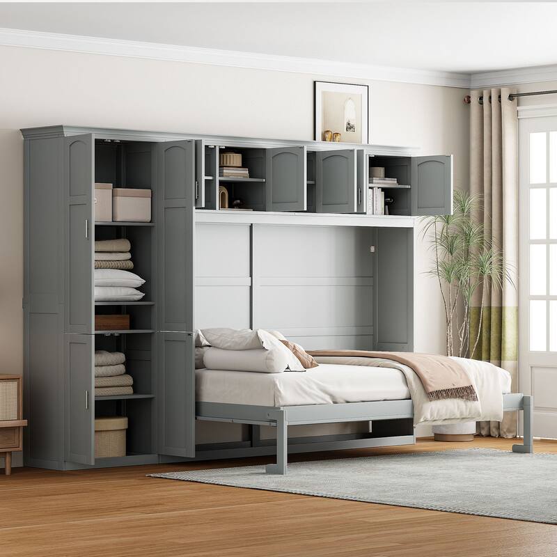 Queen Size Murphy Bed with Built-In Cabinets, Foldable Wall Bed for Small Spaces
