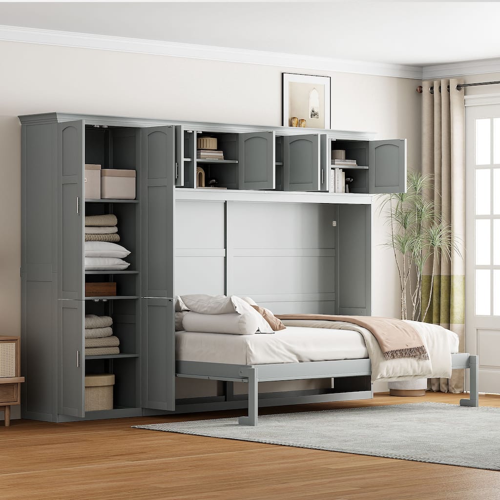 Roomfitters Queen Size Wall Murphy Bed with Cabinets & Overhead Storage, Gray