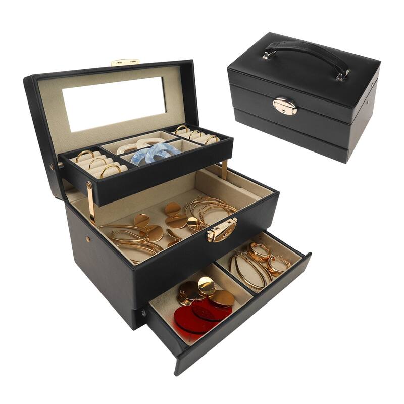 3 Layer Jewelry Box with Mirror for Women, PU Leather Jewelry Organizer Case Storage Display Holder with Drawer - 21x13x12cm