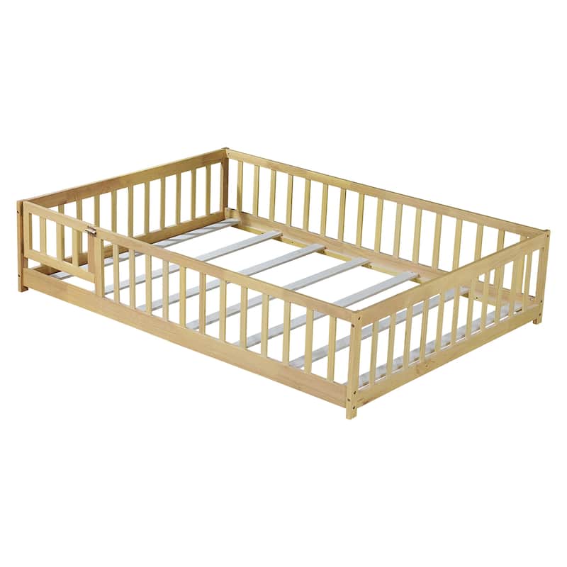 Roomfitters Full Size Floor Bed with Surround Fence & Swing Door, Rubber Wood Floor Platform Bed with Guardrail & Slat, Natural