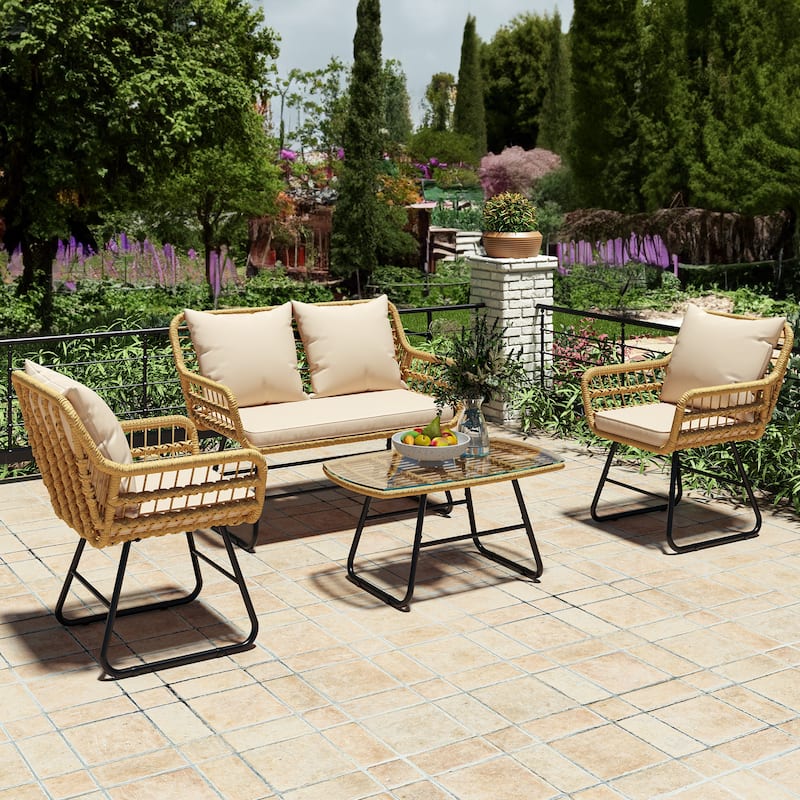 Moasis 4-Piece All-Weather Rattan Conversation Loveseat Chairs Wicker Outdoor Bistro Set - 4PCS - Beige&Yellow