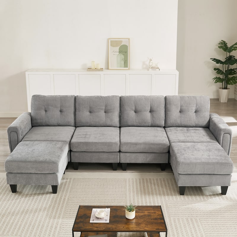 115" U-Shaped Sectional Couch, 6 Seat Upholstered Deep Seat Sofa with Movable Ottomans, USB Ports and Side Tables