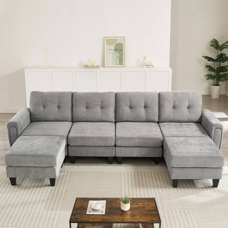Roomfitters 115 Inch U-Shaped Sectional Sofa with 2 Ottomans and Foldable Side Tables, Chenille - Grey