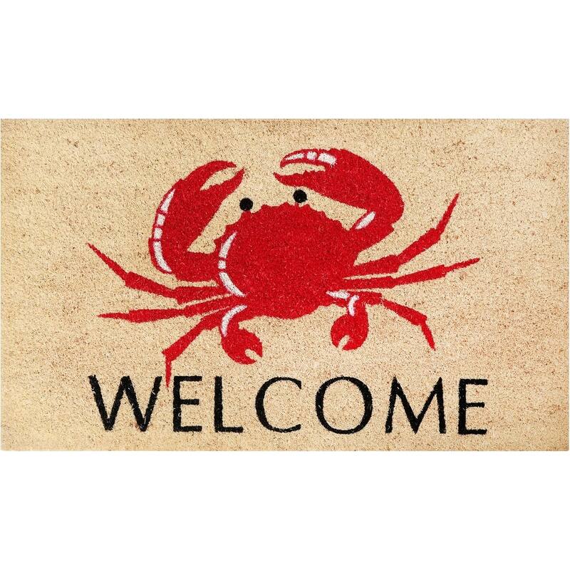 A1HC Natural Coco Coir Door Mat with Heavy Duty Non-Slip PVC Backing - 18" x 30" - Easy to Clean - Red Crab Welcome