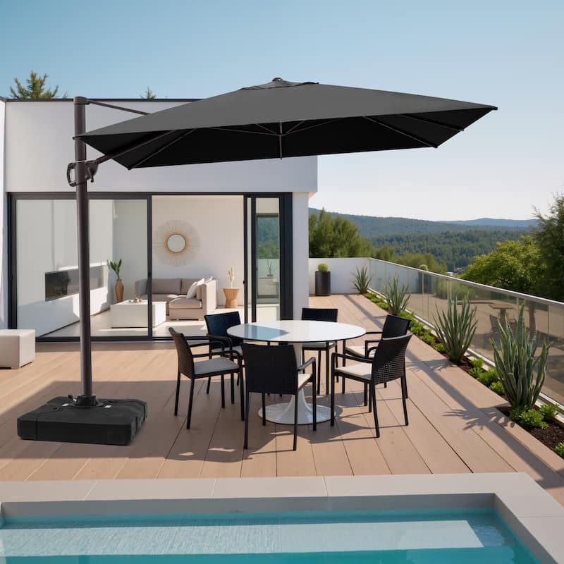 9 x 11 ft Patio Cantilever Offset Umbrella 360-degree Rotation with Base - Black