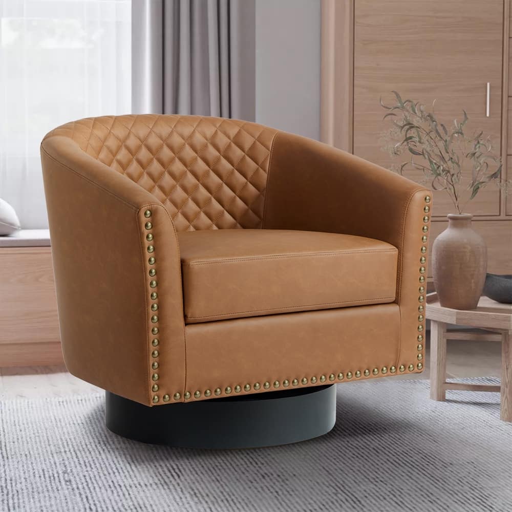 Tufted PU Vegan Leather Swivel Barrel Chair with Nailheads Trim