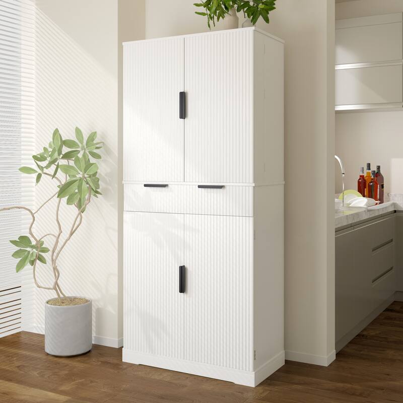 Modern Kitchen Storage Cabinet with 3 Keyboard Drawers & 6 Adjustable Shelves - 72" Tall Freestanding Cupboard for Bathroom - White