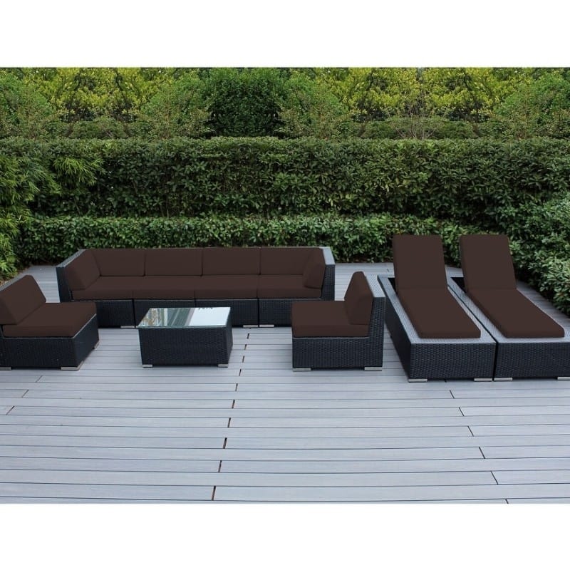 Ohana Outdoor Patio 9 Piece Black Wicker Sofa and Chaise Lounge Set - No Assembly