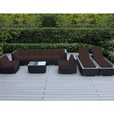 Ohana Outdoor Patio 9 Piece Black Wicker Sofa and Chaise Lounge Set - No Assembly