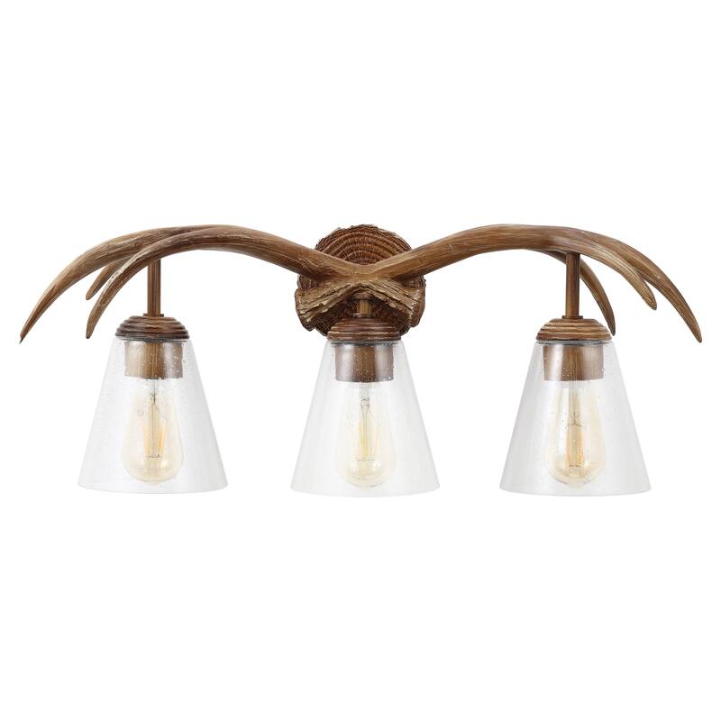Nelle 25.5" 3-Light Southwestern Bohemian Resin/Seeded Glass Faux Antler LED Vanity Light, Brown Wood Finish by JONATHAN Y
