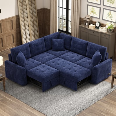 82.6" Velvet L-Shaped Sleeper Sectional Sofa (4-Seat) with USB & Wheels