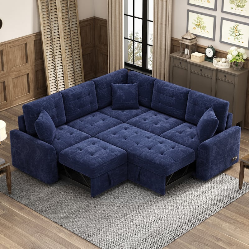 82.6-inch L-shaped Pull-out Sleeper Sofa with Wheels, USB Ports, Power Sockets - 82.6"W x 82.6"D x 33"H