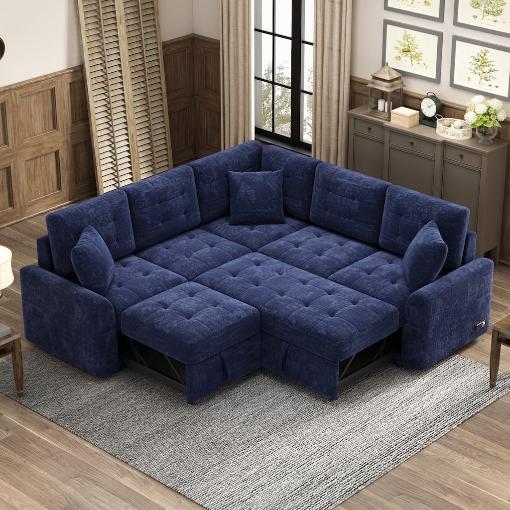 Navy Blue L-Shape Sofa Bed with Pull-Out Sleeper, USB Ports, Power Sockets