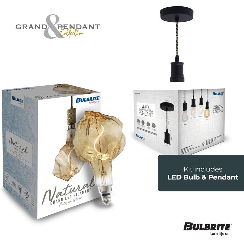Bulbrite LED Grand Bulb and Pendant Kit of (1) 4 Watt Antique Glass 13" Glacier Shaped Bulb